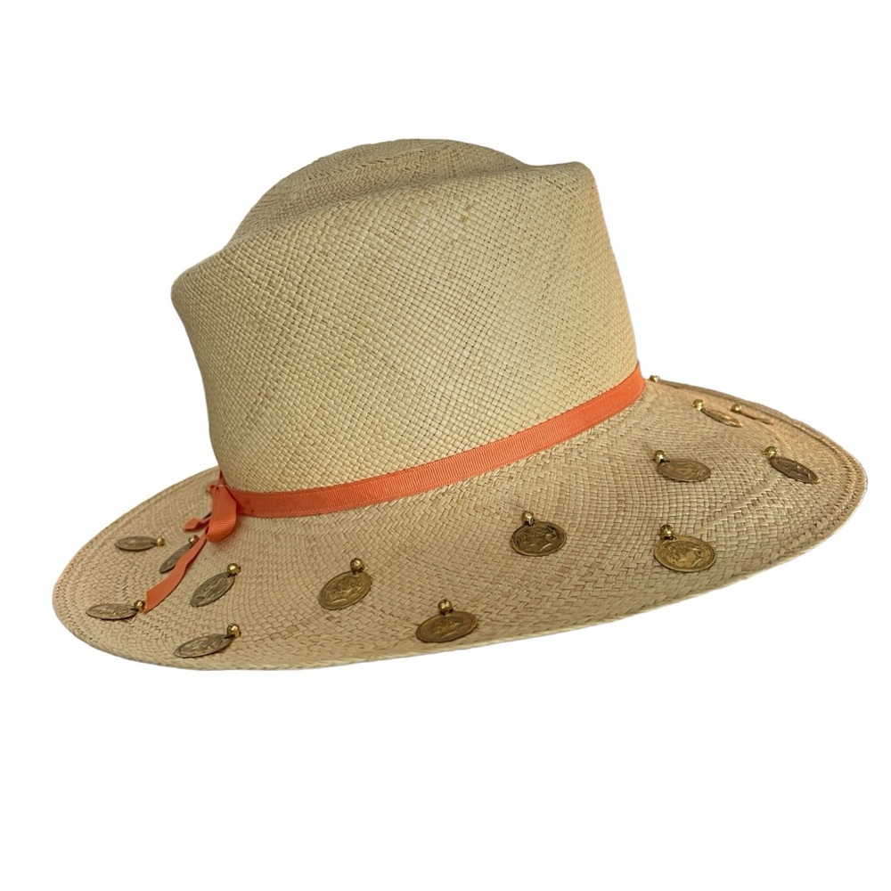 VINTAGE 60s Therese Ahrens Ecuador Straw Sun Hat Gold Coin Statement - Picture 7 of 14